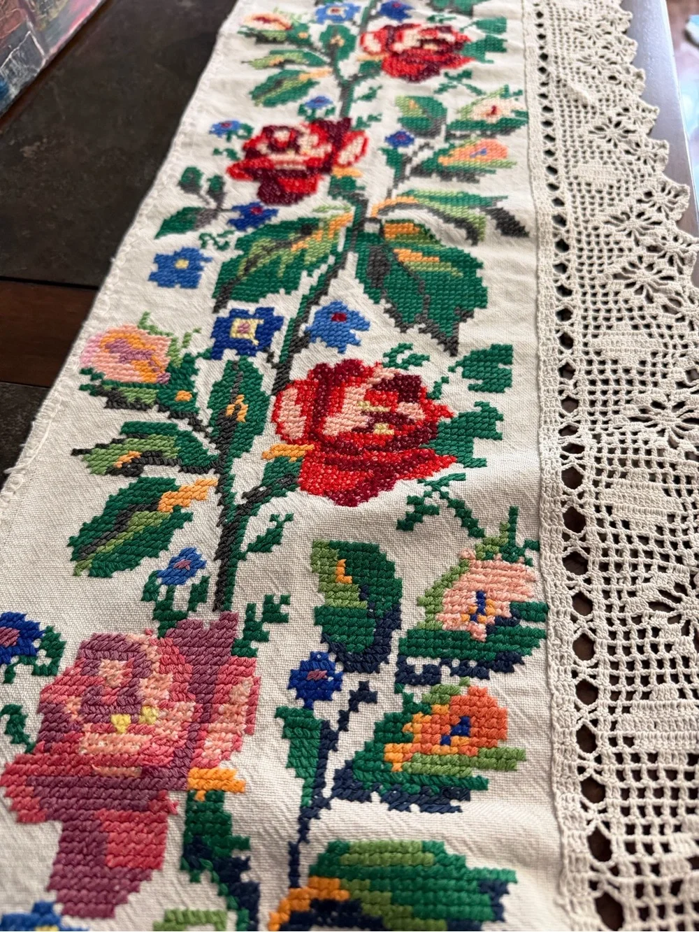 Handmade Floral Cross-Stitch Table Runner with Crochet Edging - White/Multicolor